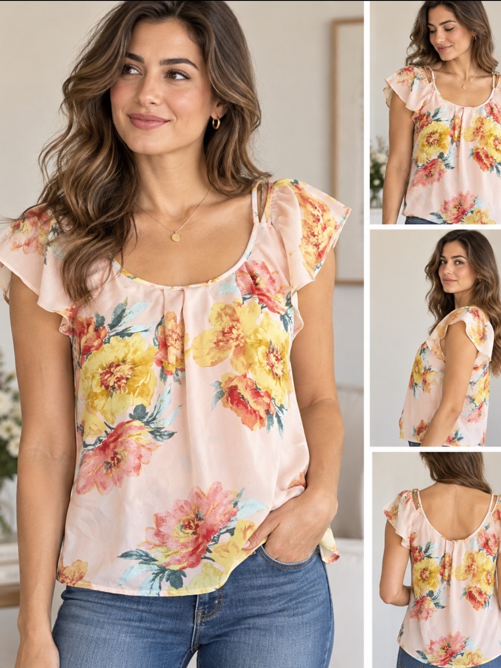 JOIE 100% Silk Floral Ruffle Sleeve Scoop Neck Top - Pink/Yellow